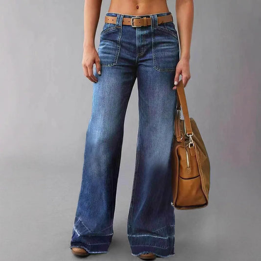 Fashionable Casual Comfortable Women's Loose Floor-length High-waisted Washed Denim Wide-leg Pants