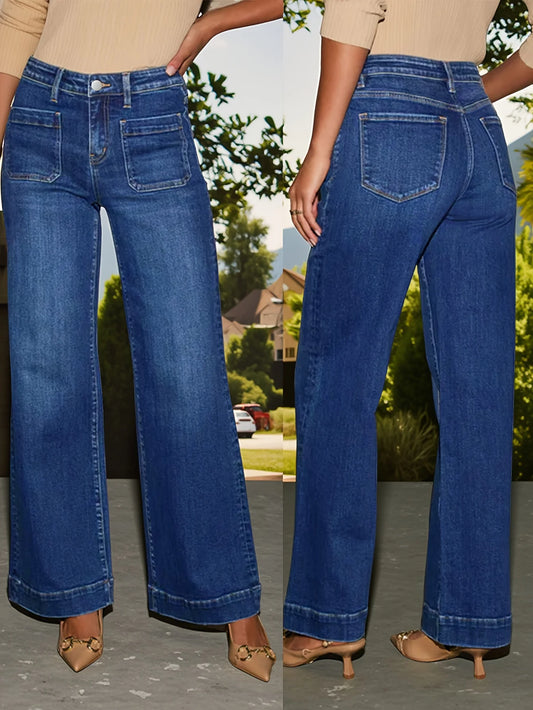 Elegant style new arrival women's blue mid-rise straight jeans stretch fabric comfortable and soft classic button placket jeans