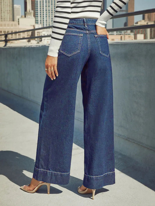 2025 New Summer Women's High Waist Wide Leg Jeans - Classic dark blue washed stretch jeans with button fly for an elegant style.